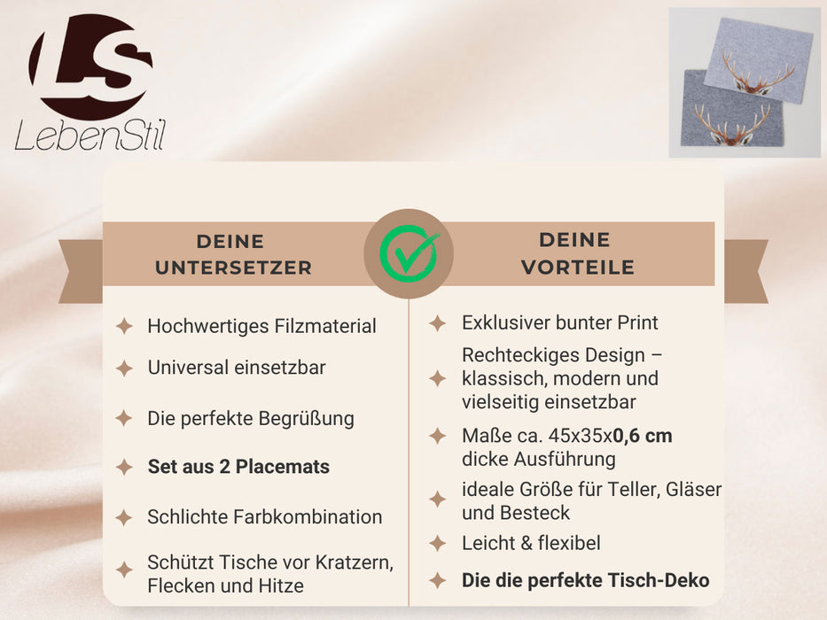 2x Filz Tischset Platzset Hirschgeweih Hellgrau 45cm Rechteckig Platzdeckchen Platzmatte