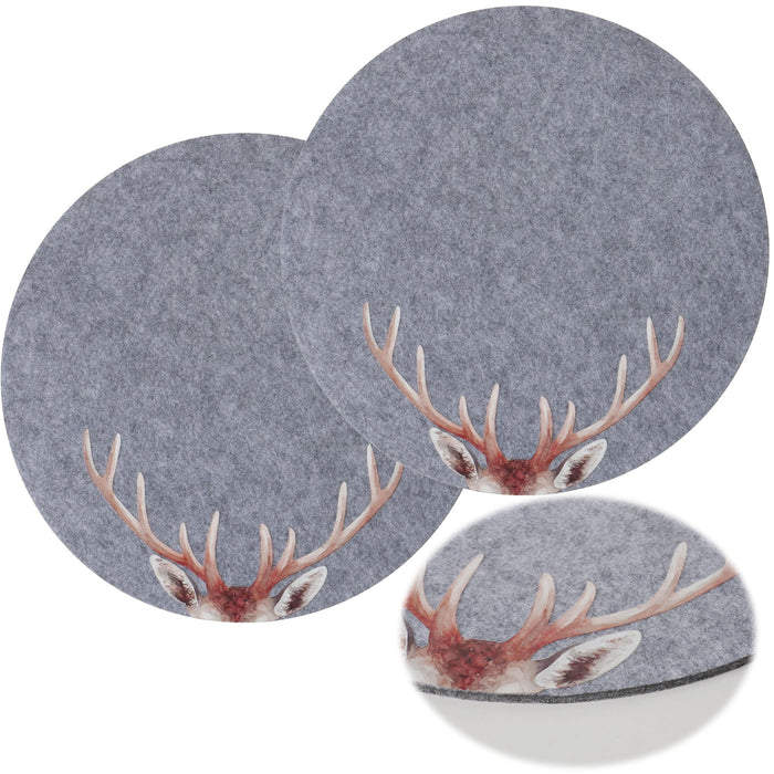 2x Filz Tischset Platzset Hirschgeweih Hellgrau 38cm Rund Platzdeckchen Platzmatte