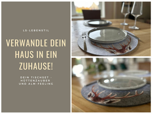 2x Filz Tischset Platzset Hirschgeweih Dunkelgrau 38cm Rund Platzdeckchen Platzmatte