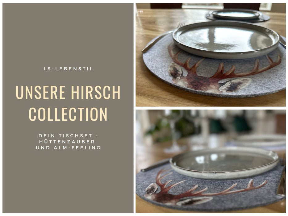 2x Filz Tischset Platzset Hirschgeweih Hellgrau 38cm Rund Platzdeckchen Platzmatte