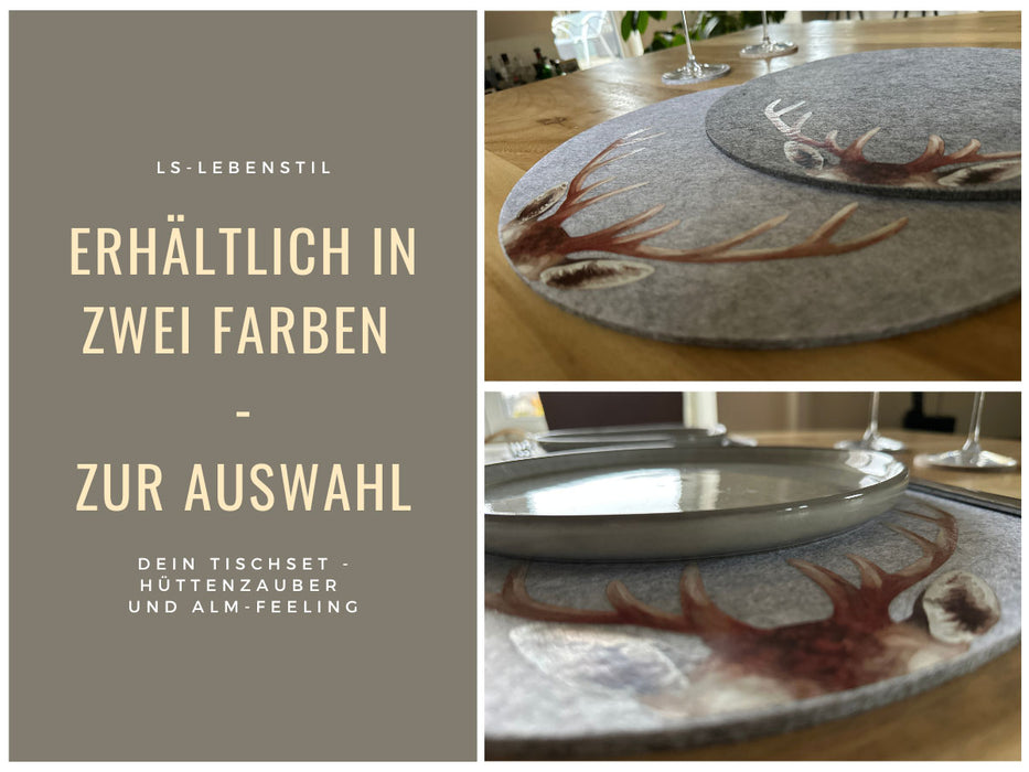 2x Filz Tischset Platzset Hirschgeweih Hellgrau 38cm Rund Platzdeckchen Platzmatte