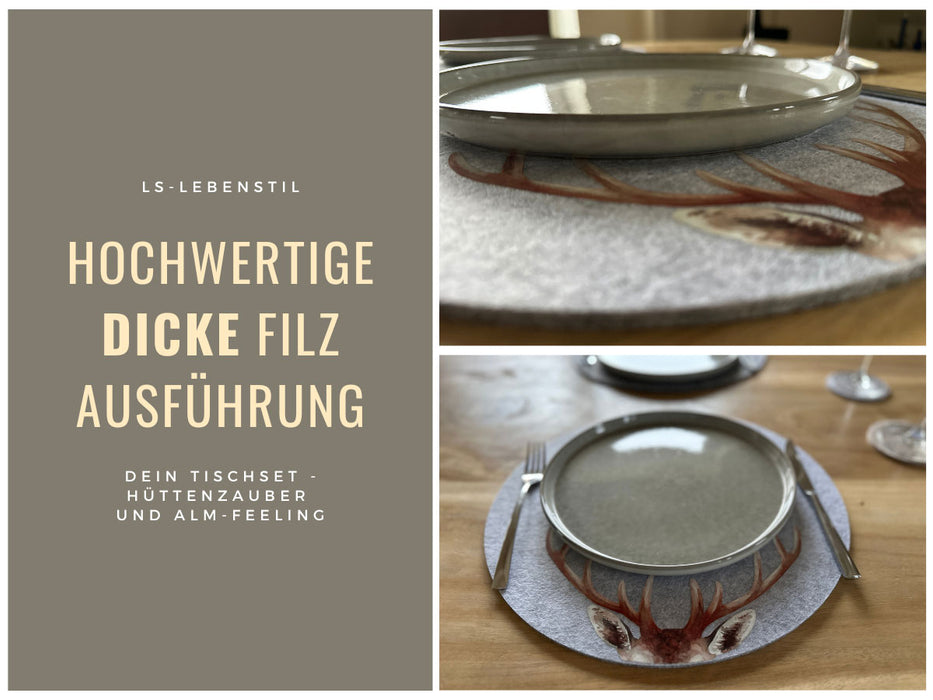2x Filz Tischset Platzset Hirschgeweih Hellgrau 38cm Rund Platzdeckchen Platzmatte