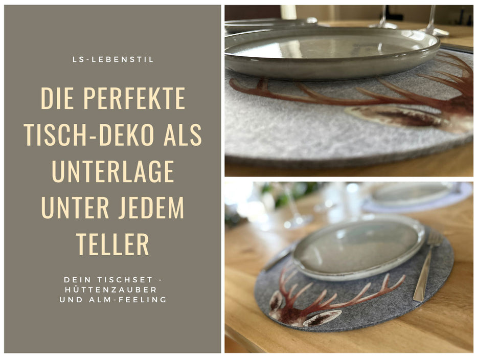 2x Filz Tischset Platzset Hirschgeweih Hellgrau 38cm Rund Platzdeckchen Platzmatte