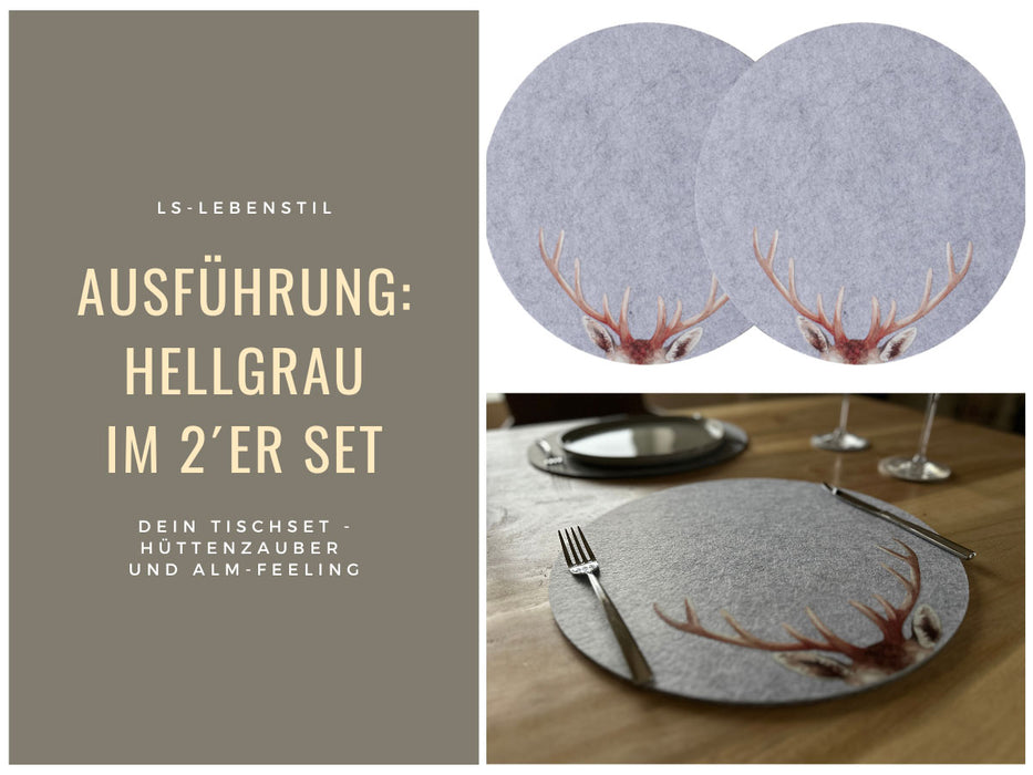 2x Filz Tischset Platzset Hirschgeweih Hellgrau 38cm Rund Platzdeckchen Platzmatte