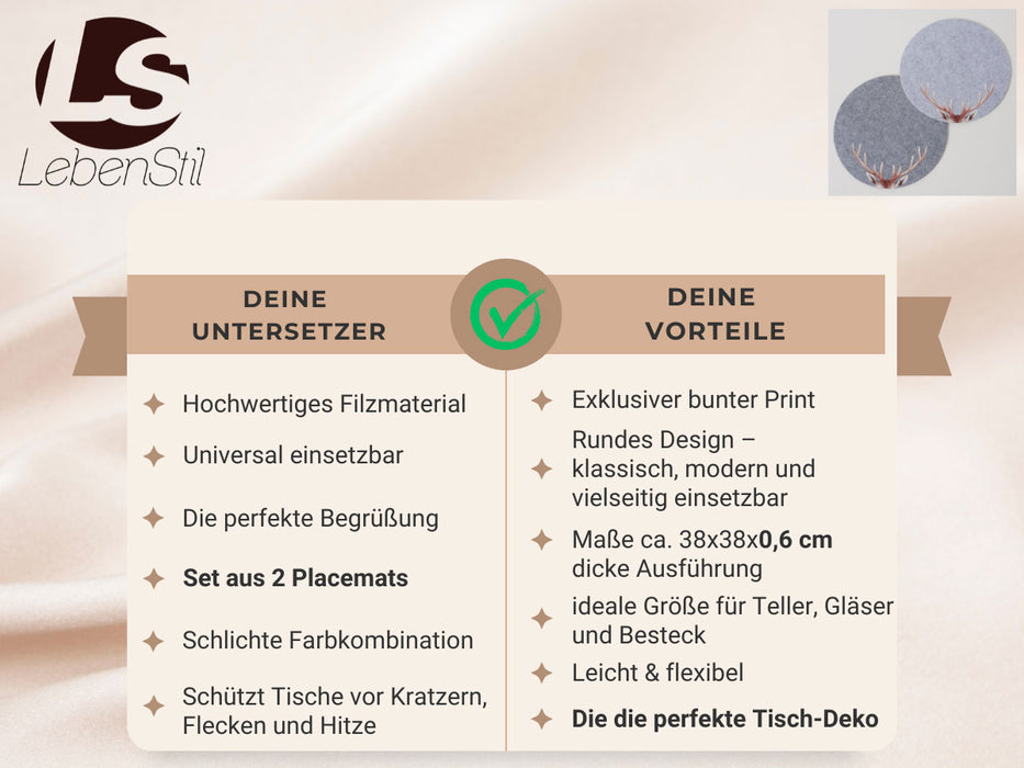 2x Filz Tischset Platzset Hirschgeweih Hellgrau 38cm Rund Platzdeckchen Platzmatte