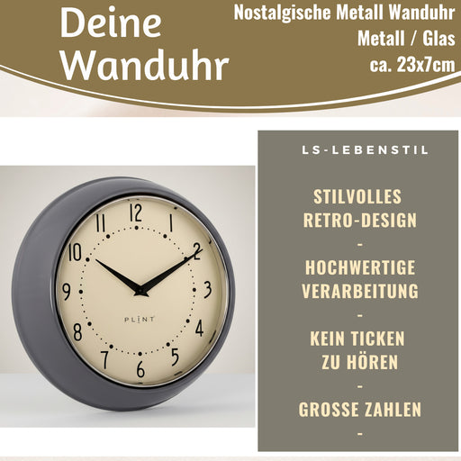 Nostalgische Metall Wanduhr Grau 23cm Vintage Küchenuhr Bürouhr Retro Look
