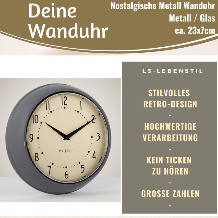 Nostalgische Metall Wanduhr Grau 23cm Vintage Küchenuhr Bürouhr Retro Look