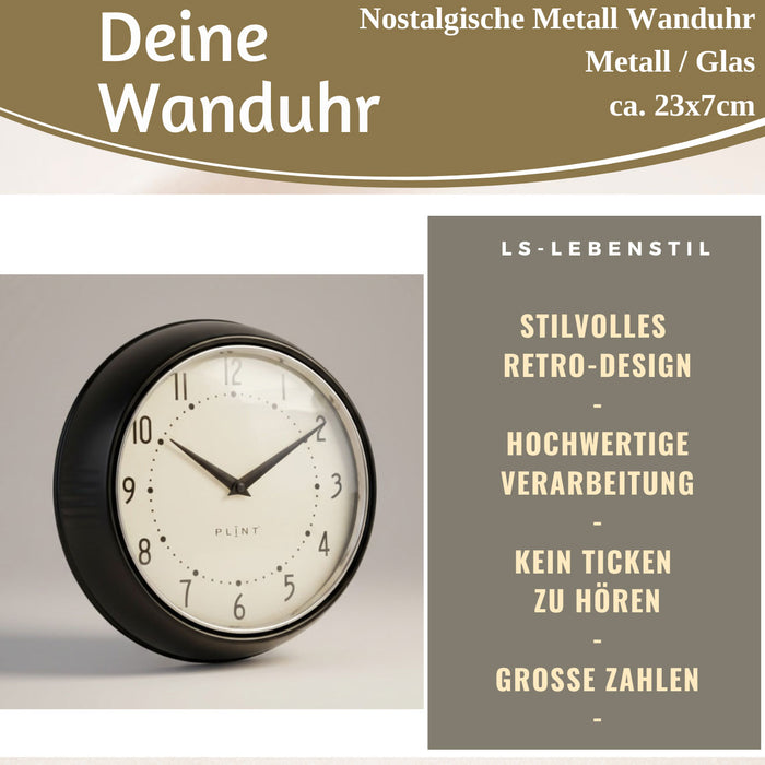 Nostalgische Metall Wanduhr Schwarz 23cm Vintage Küchenuhr Bürouhr Retro Look