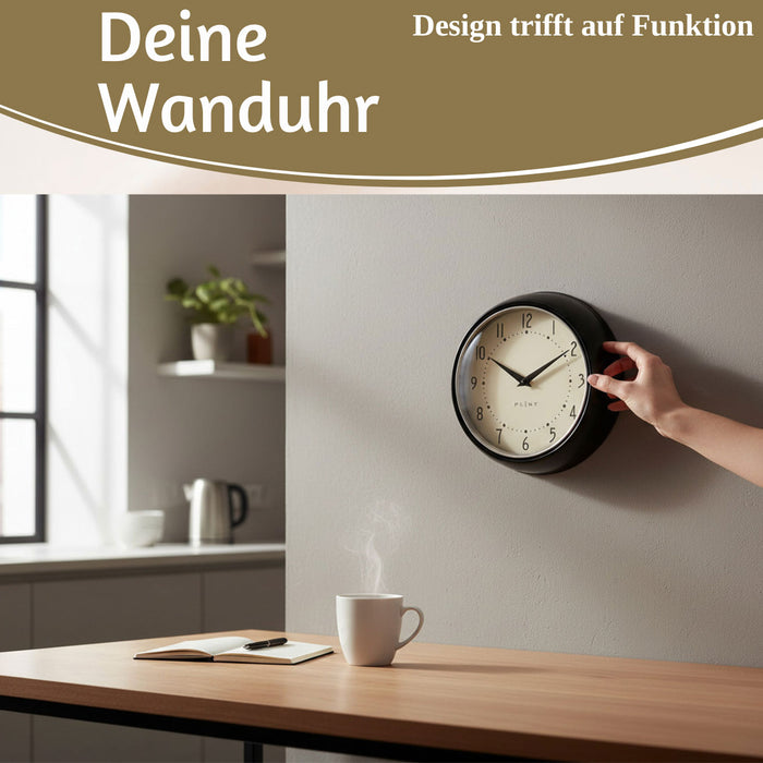 Nostalgische Metall Wanduhr Schwarz 23cm Vintage Küchenuhr Bürouhr Retro Look
