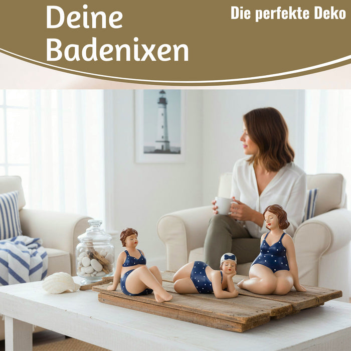 Deko Figuren Set 3x Badenixe Figur Molly Maritim Blau Weiß Badeanzug Objekt
