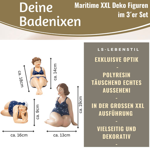 Deko Figuren Set 3x Badenixe XL Figur Molly Maritim Blau Weiß Badeanzug Objekt