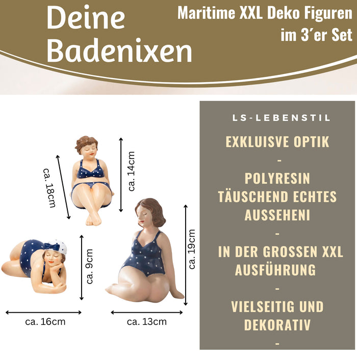 KI-generiertes Bild,Deko Figuren Set 3x Badenixe XL Figur Molly Maritim Blau Weiß Badeanzug Objekt