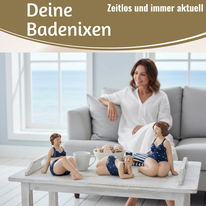 Deko Figuren Set 3x Badenixe XL Figur Molly Maritim Blau Weiß Badeanzug Objekt