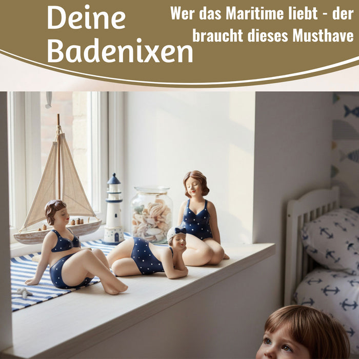 Deko Figuren Set 3x Badenixe XL Figur Molly Maritim Blau Weiß Badeanzug Objekt
