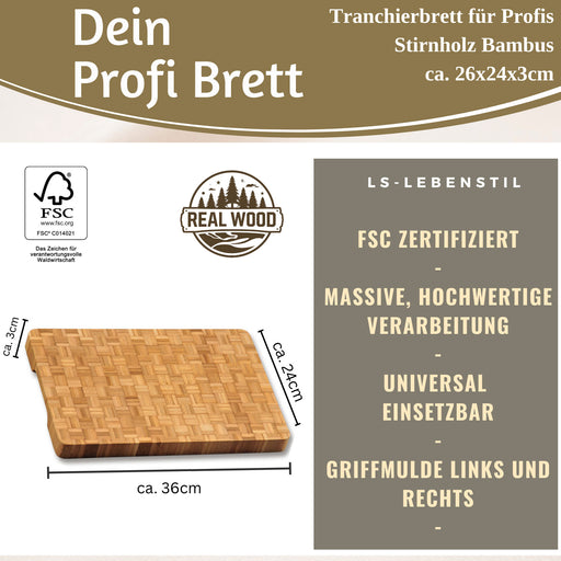 Profi Holz Schneidebrett Stirnholz 36cm XL Bambus Küchenbrett Tranchierbrett