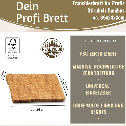 Profi Holz Schneidebrett Stirnholz 36cm XL Bambus Küchenbrett Tranchierbrett