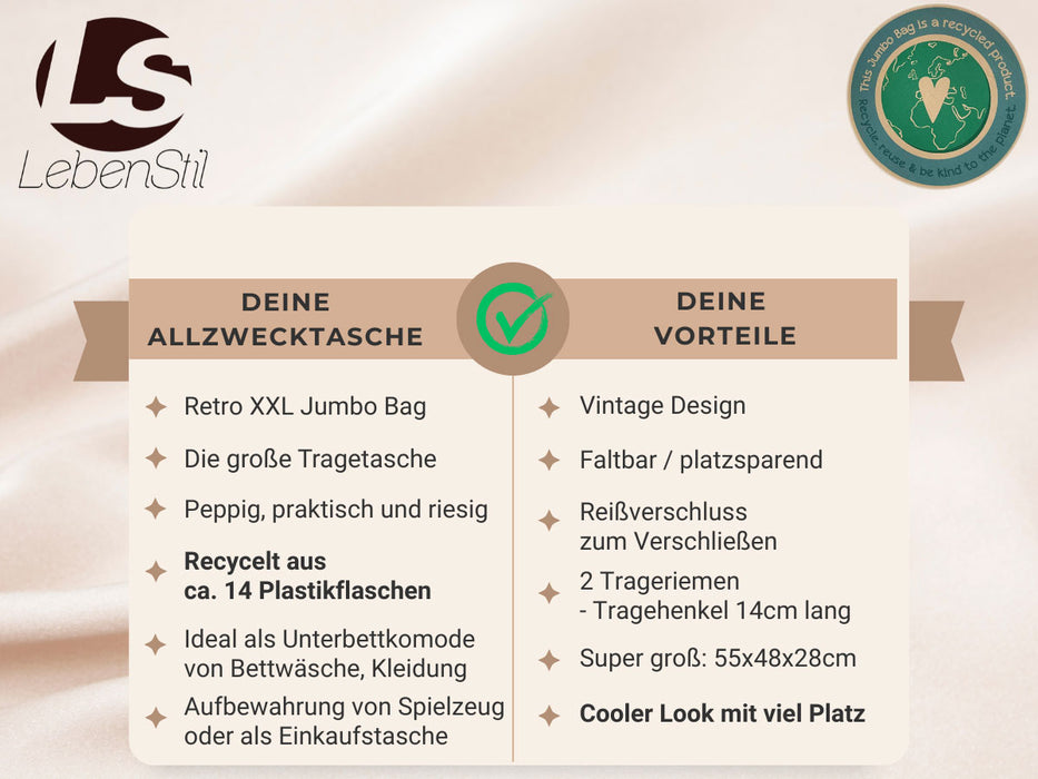 XXL Jumbo Bag French Rose Rote Rosen 55cm Recyclet Aufbewahrungstasche Einkaufstasche