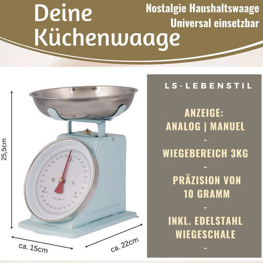 Vintage Küchenwaage Retro Blau Manuelle Backwaage großes Ziffernblatt 1L Schüssel