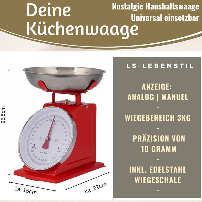 Vintage Küchenwaage Retro Rot Manuelle Backwaage großes Ziffernblatt 1L Schüssel