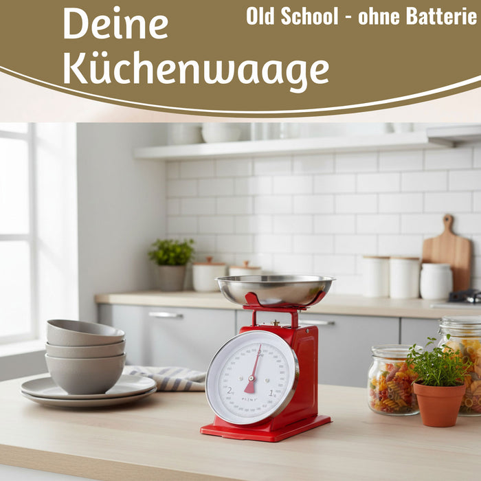 Vintage Küchenwaage Retro Rot Manuelle Backwaage großes Ziffernblatt 1L Schüssel
