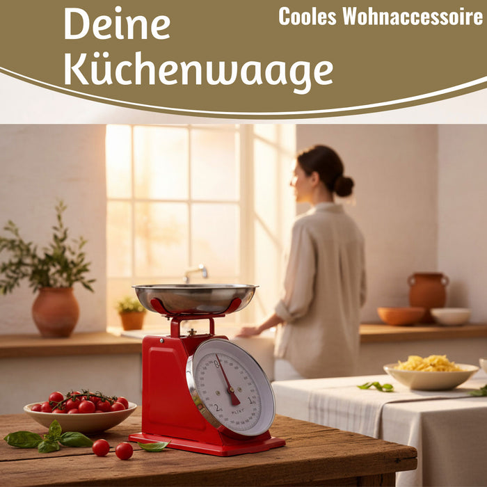 Vintage Küchenwaage Retro Rot Manuelle Backwaage großes Ziffernblatt 1L Schüssel
