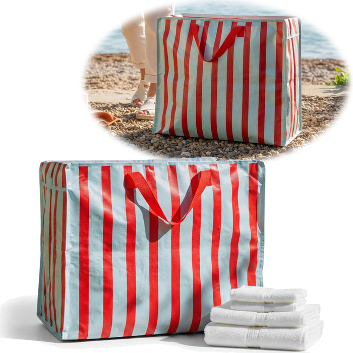 KI-generiertes Bild XXL Jumbo Bag Blau Rot Gestreift 55cm Kunststoff Aufbewahrungstasche Einkaufstasche