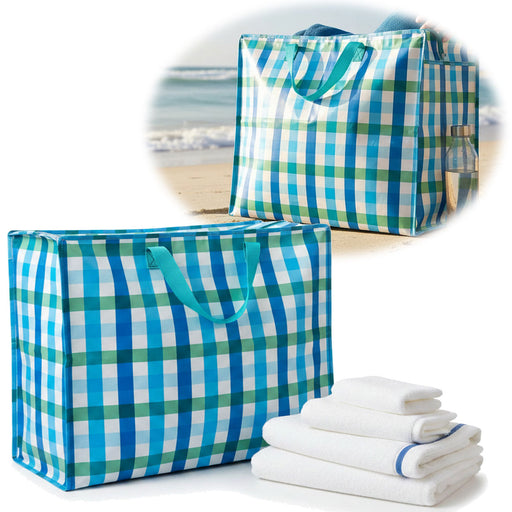 KI-generiertes Bild XXL Jumbo Bag Karo Blau Grün Weiß 55cm Kunststoff Aufbewahrungstasche Einkaufstasche