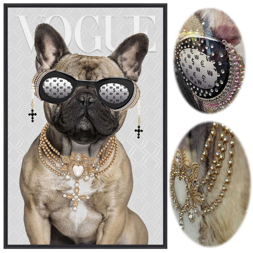 Wandbild französische Bulldogge 40x60cm Vogue Diamant Natur Kunstdruck Leinwand