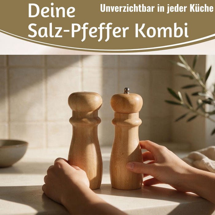 KI-generiertes Bild,Holz Salzstreuer & Pfeffermühle FSC Bambus 16,4cm Keramikmahlwerk Gewürzmühle
