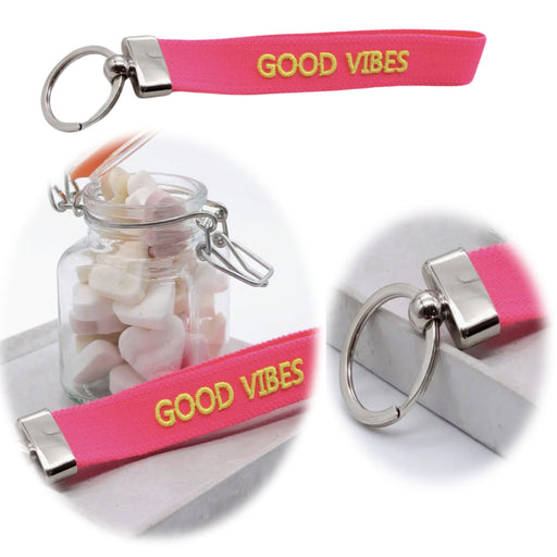 Exklusiver Schlüsselanhänger Good Vibes Pink Schlüsselring Silber Schlüsselbund