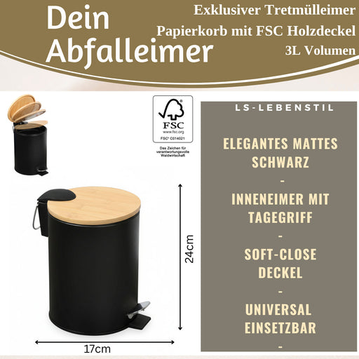Tretmülleimer Papierkorb 3L Schwarz Soft Close Rund Kosmetikeimer Fußpedal Mülleimer