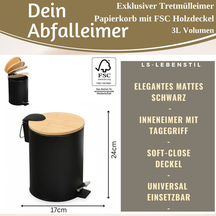 KI-generiertes Bild,Tretmülleimer Papierkorb 3L Schwarz Soft Close Rund Kosmetikeimer Fußpedal Mülleimer