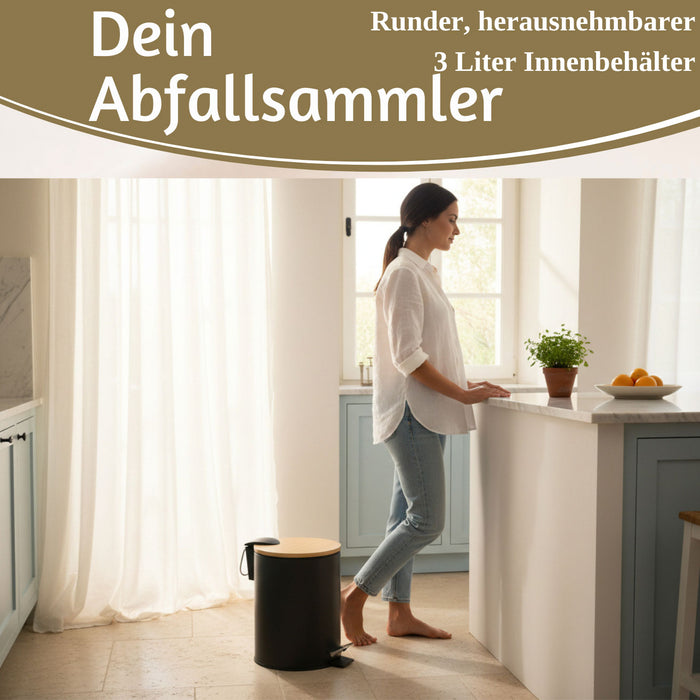 KI-generiertes Bild,Tretmülleimer Papierkorb 3L Schwarz Soft Close Rund Kosmetikeimer Fußpedal Mülleimer