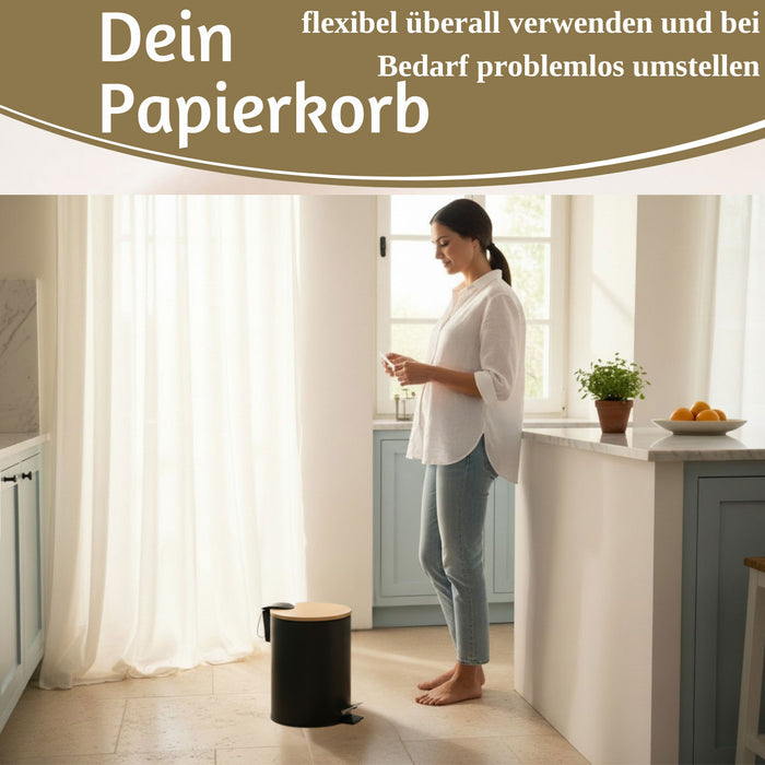 Tretmülleimer Papierkorb 3L Schwarz Soft Close Rund Kosmetikeimer Fußpedal Mülleimer