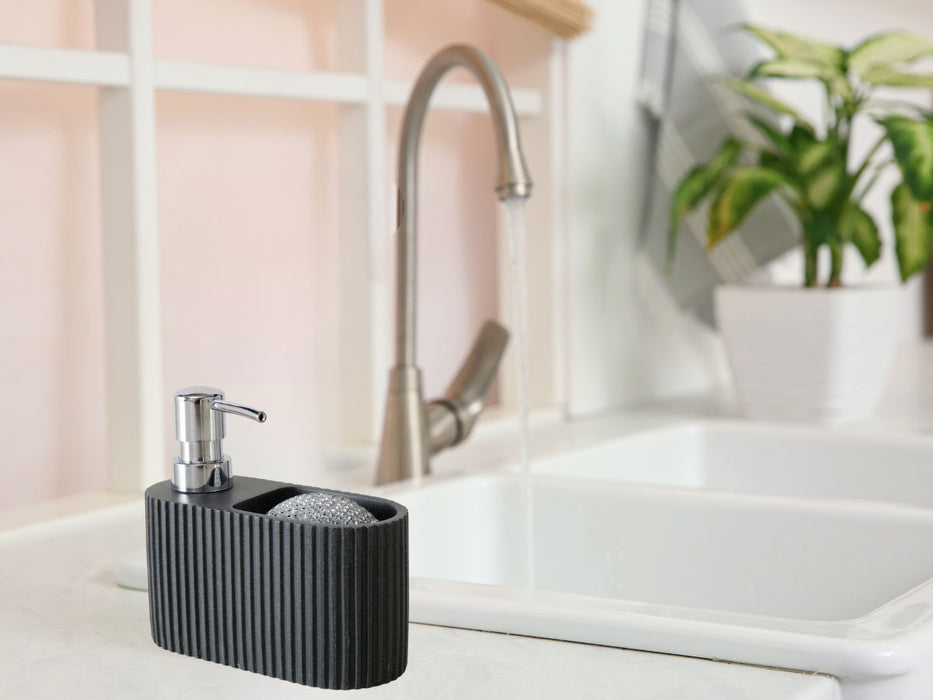 Exklusiver Kunstharz Spülbecken Organizer Ribe Schwarz Seifenspender Schwammhalter