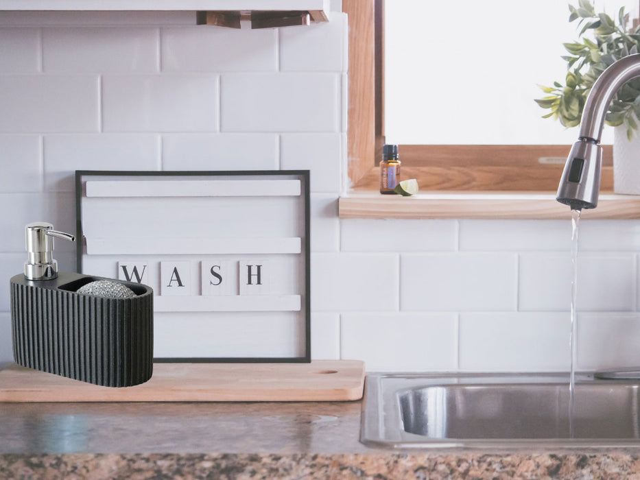 Exklusiver Kunstharz Spülbecken Organizer Ribe Schwarz Seifenspender Schwammhalter