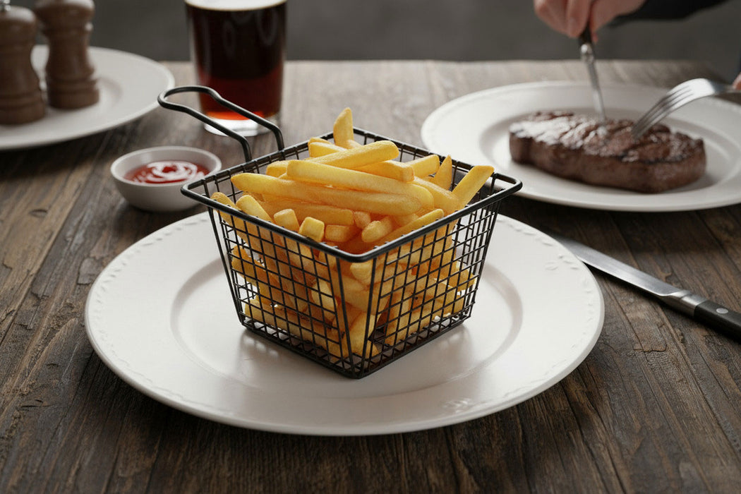 KI-generiertes Bild,Pommes-Korb Servierkorb Frittierkorb für Pommes mit Griff schwarz 22x13x8cm