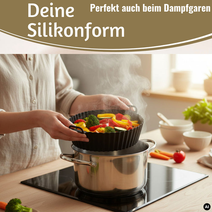 KI-generiertes Bild,Silikonform Rund 20cm Backform 2´er Set Einsatz für Airfryer Heißluftfritteuse Zubehör