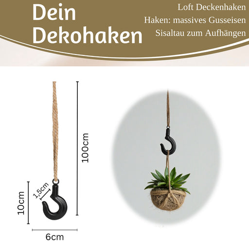 Loft Deckenhaken Gusseisen 10x6cm Sisal Kordel 100cm für Blumentöpfe Blumenampel