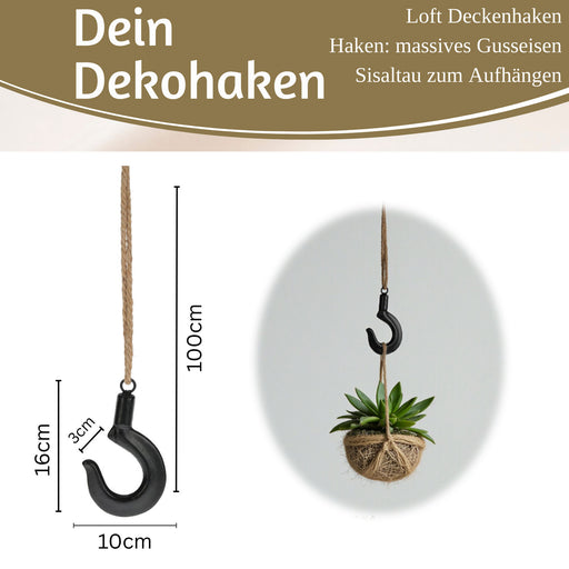 Loft Deckenhaken Gusseisen 16x10cm Sisal Kordel 100cm für Blumentöpfe Blumenampel
