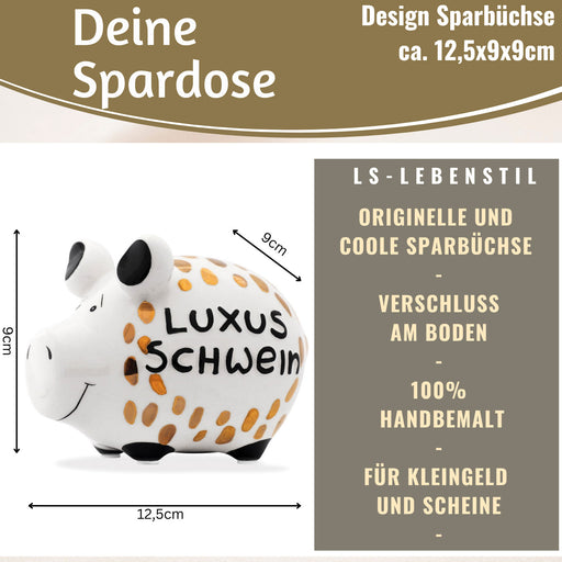 KI-generiertes Bild,Keramik Sparschwein Spruch Luxus Schwein Weiß Gold Spardose Sparbüchse