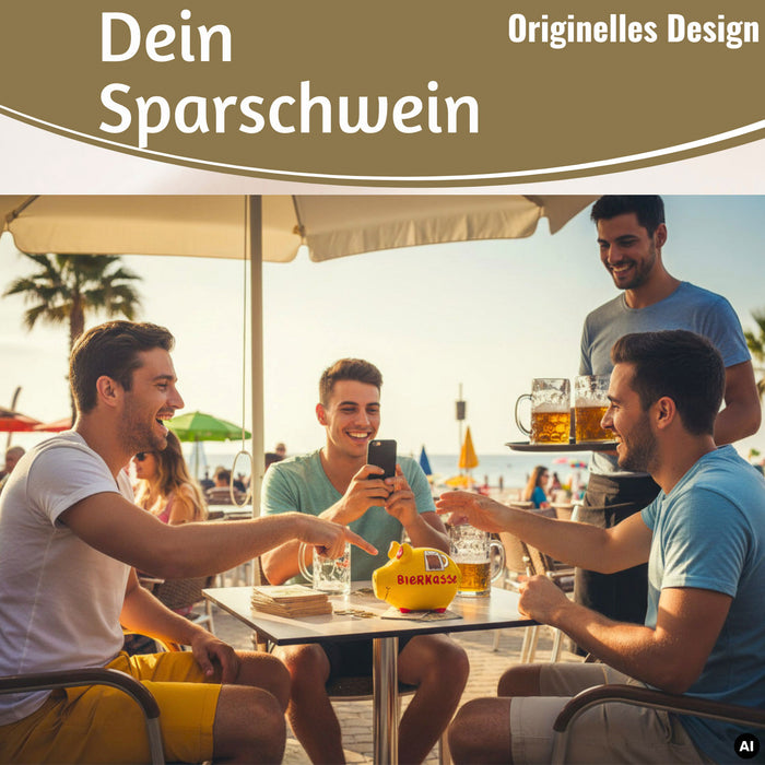 Keramik Sparschwein Spruch Bierkasse Gelb Rot Spardose Sparbüchse