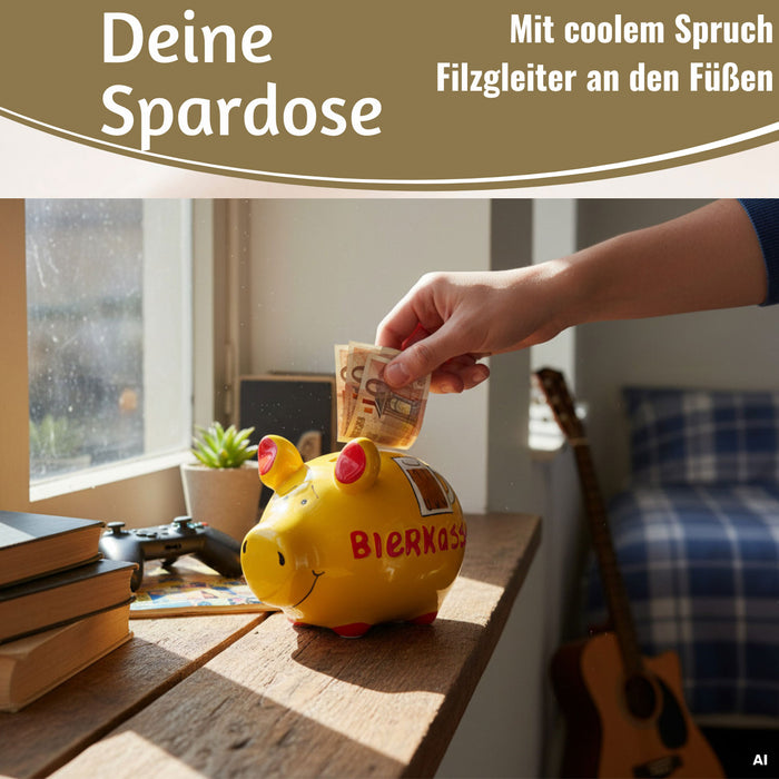 Keramik Sparschwein Spruch Bierkasse Gelb Rot Spardose Sparbüchse