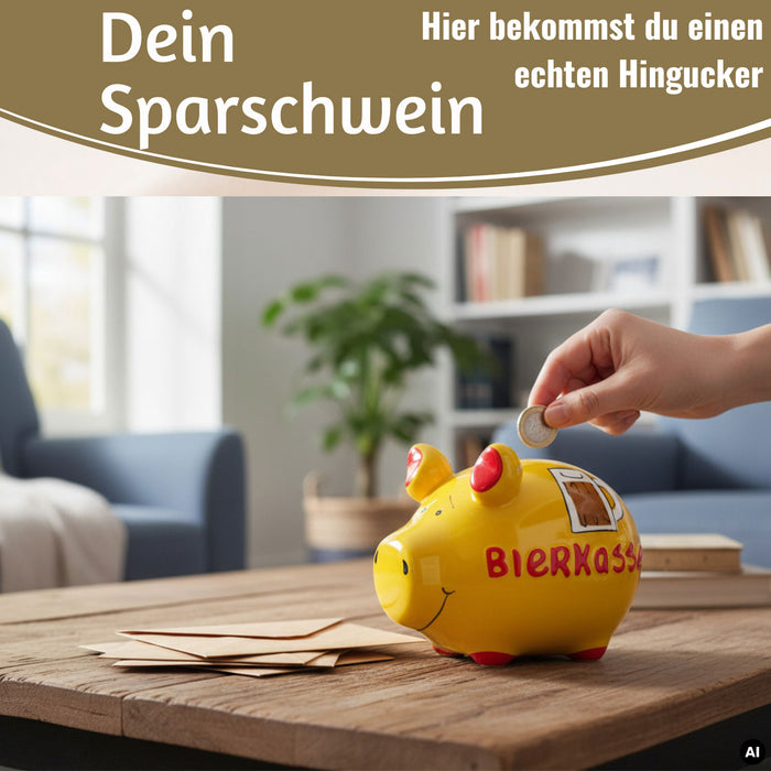 Keramik Sparschwein Spruch Bierkasse Gelb Rot Spardose Sparbüchse