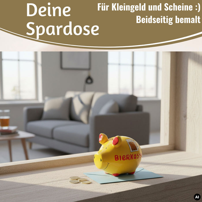 Keramik Sparschwein Spruch Bierkasse Gelb Rot Spardose Sparbüchse