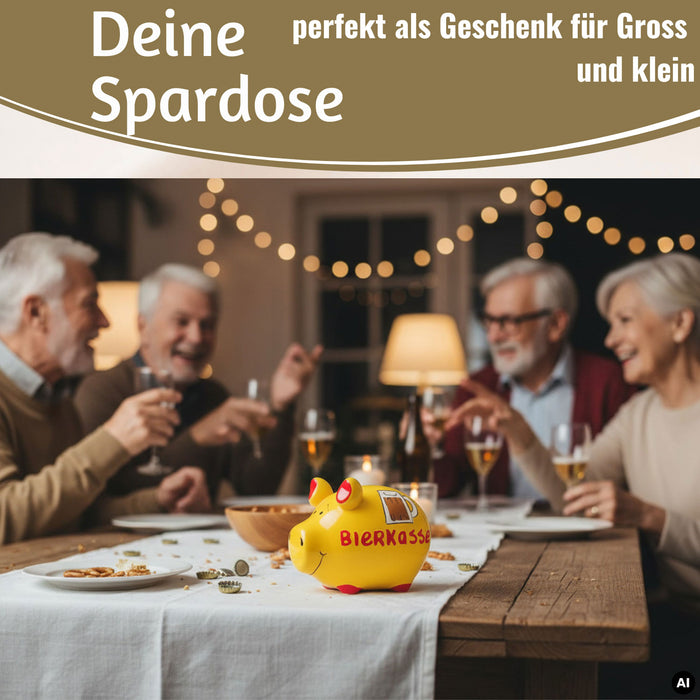 Keramik Sparschwein Spruch Bierkasse Gelb Rot Spardose Sparbüchse