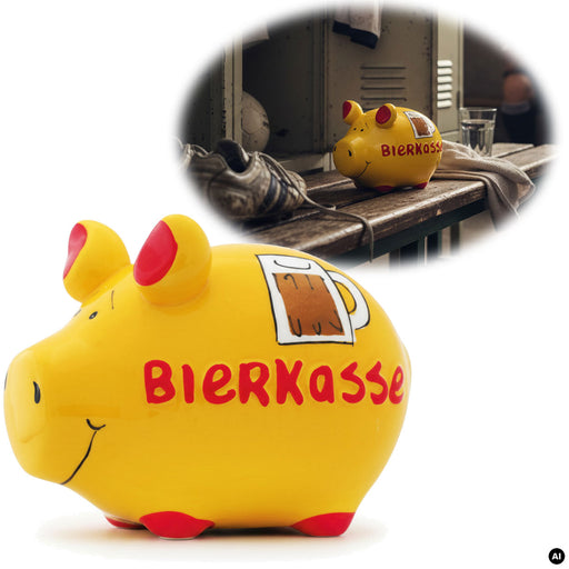 Keramik Sparschwein Spruch Bierkasse Gelb Rot Spardose Sparbüchse