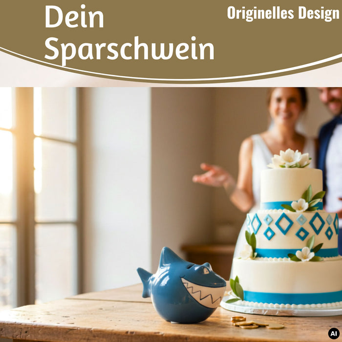Keramik Sparschwein Spruch Hai-Raten Hochzeit Weiß Gold Spardose Sparbüchse