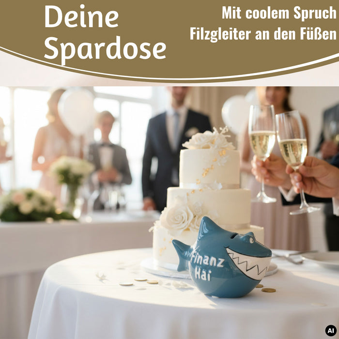 Keramik Sparschwein Spruch Hai-Raten Hochzeit Weiß Gold Spardose Sparbüchse