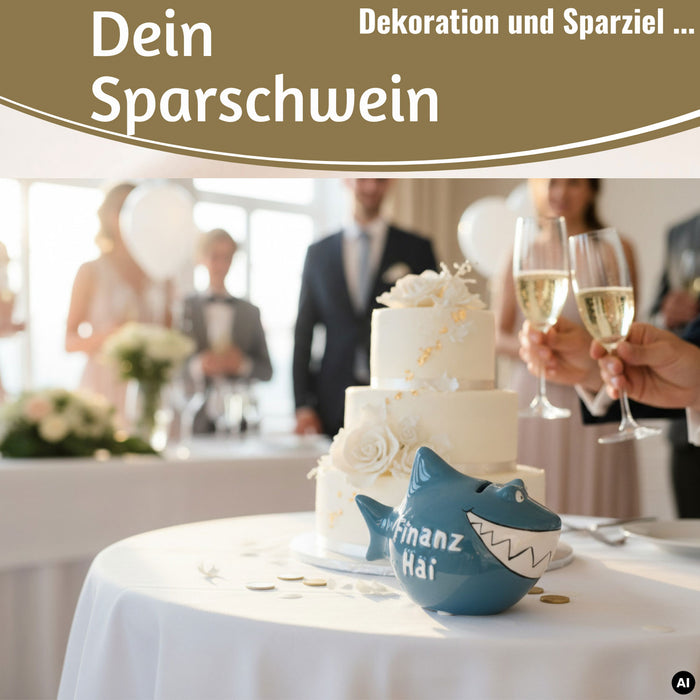 Keramik Sparschwein Spruch Hai-Raten Hochzeit Weiß Gold Spardose Sparbüchse